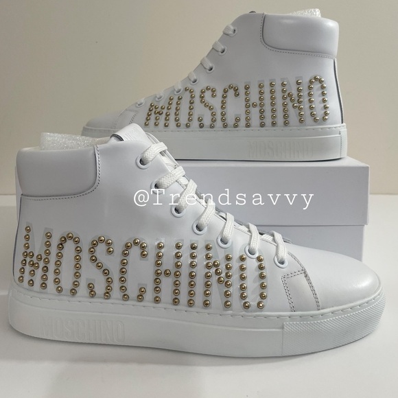 MOSCHINO Leather High Top Sneaker Logo Stud Lace Up White Shoes 8 NWT AUTHENTIC - Picture 16 of 16